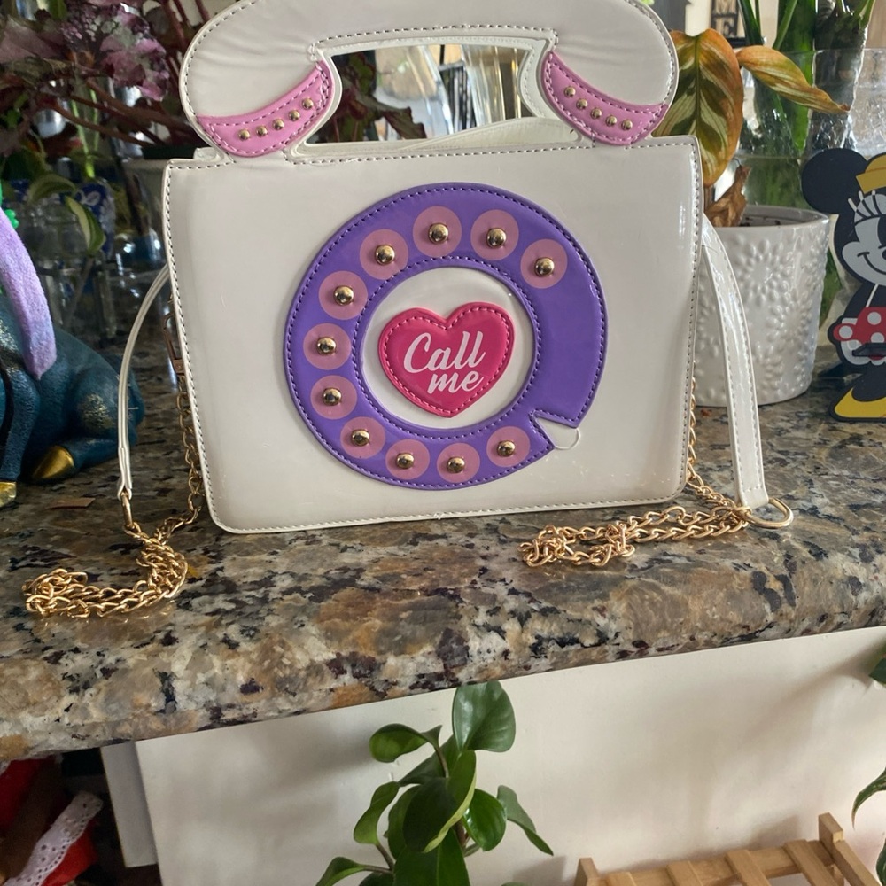 White Crossbody Phone-Dial Applique Bag with Pink & Purple Accents